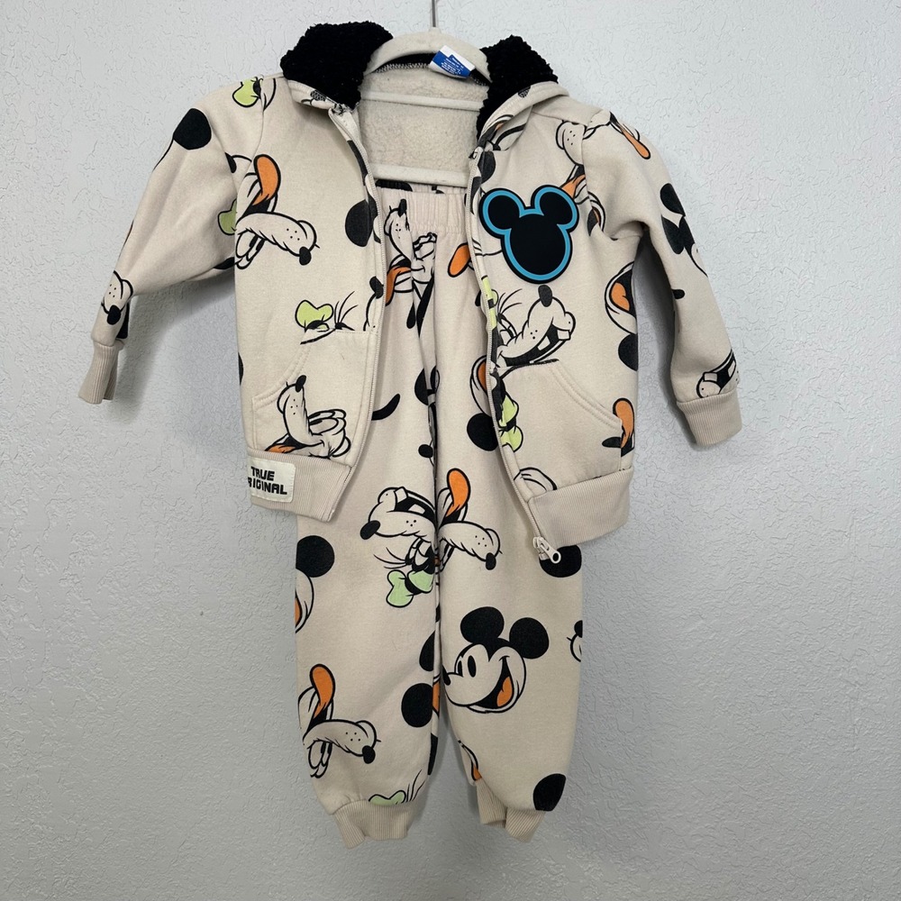 Disney Mickey and‎ Friends Toddler 4T Tracksuit Set Beige Mickey Goofy Print